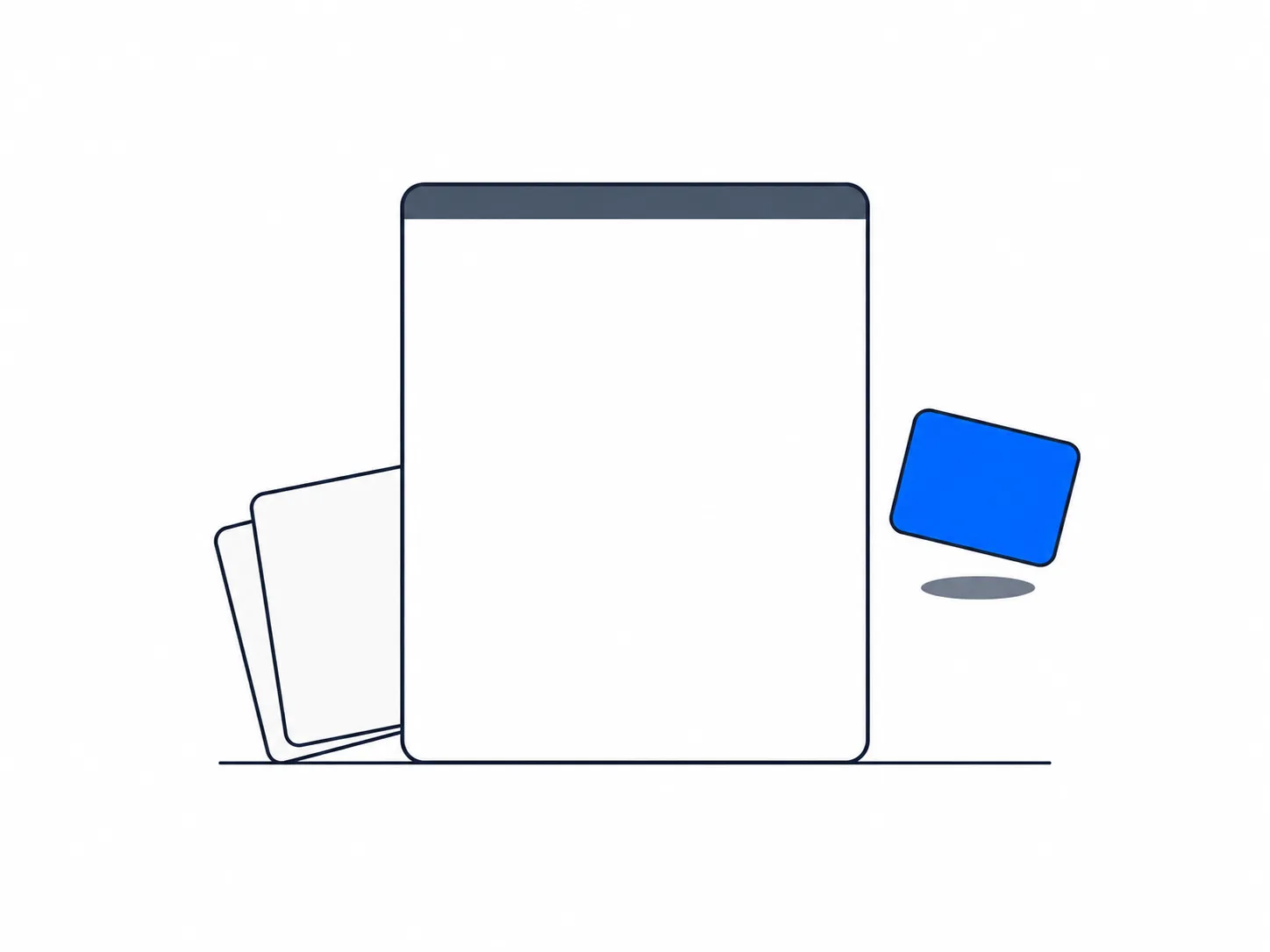 Flat illustration of a blank call window with a small blue card floating beside it and two stacked sheets behind.