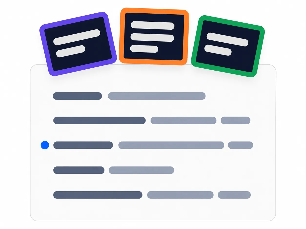 Flache Illustration: drei farbige Hinweiskarten liegen schräg über einem hellen Dokumentfeld mit Platzhaltertext, eine Zeile ist mit einem blauen Punkt markiert.