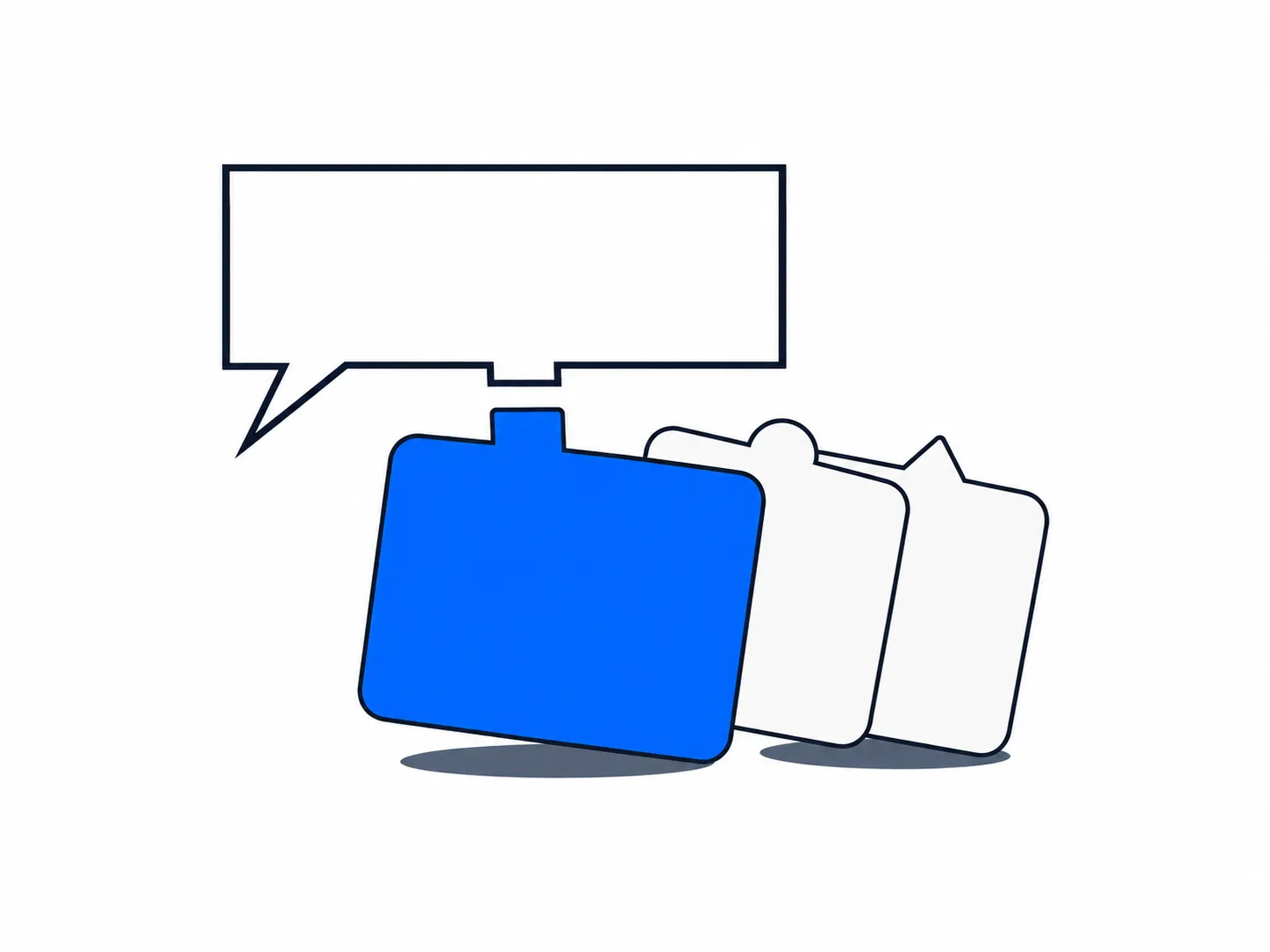 Flat illustration of an empty angular speech bubble with a notch, a blue card whose tab fits it, two pale cards behind.