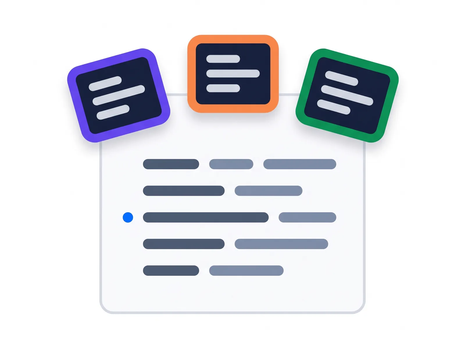 Flat illustration of three coloured prompt cards tilted above a light document panel of placeholder text, one line marked with a blue dot.