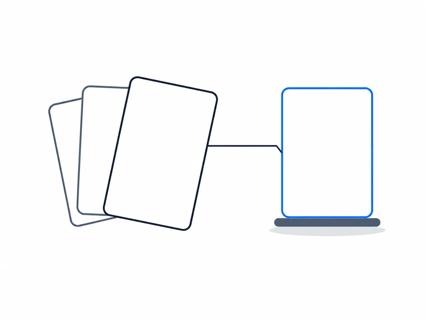 Two flat conversation cards face each other; one leans in while the upright blue card stays anchored on a base bar.