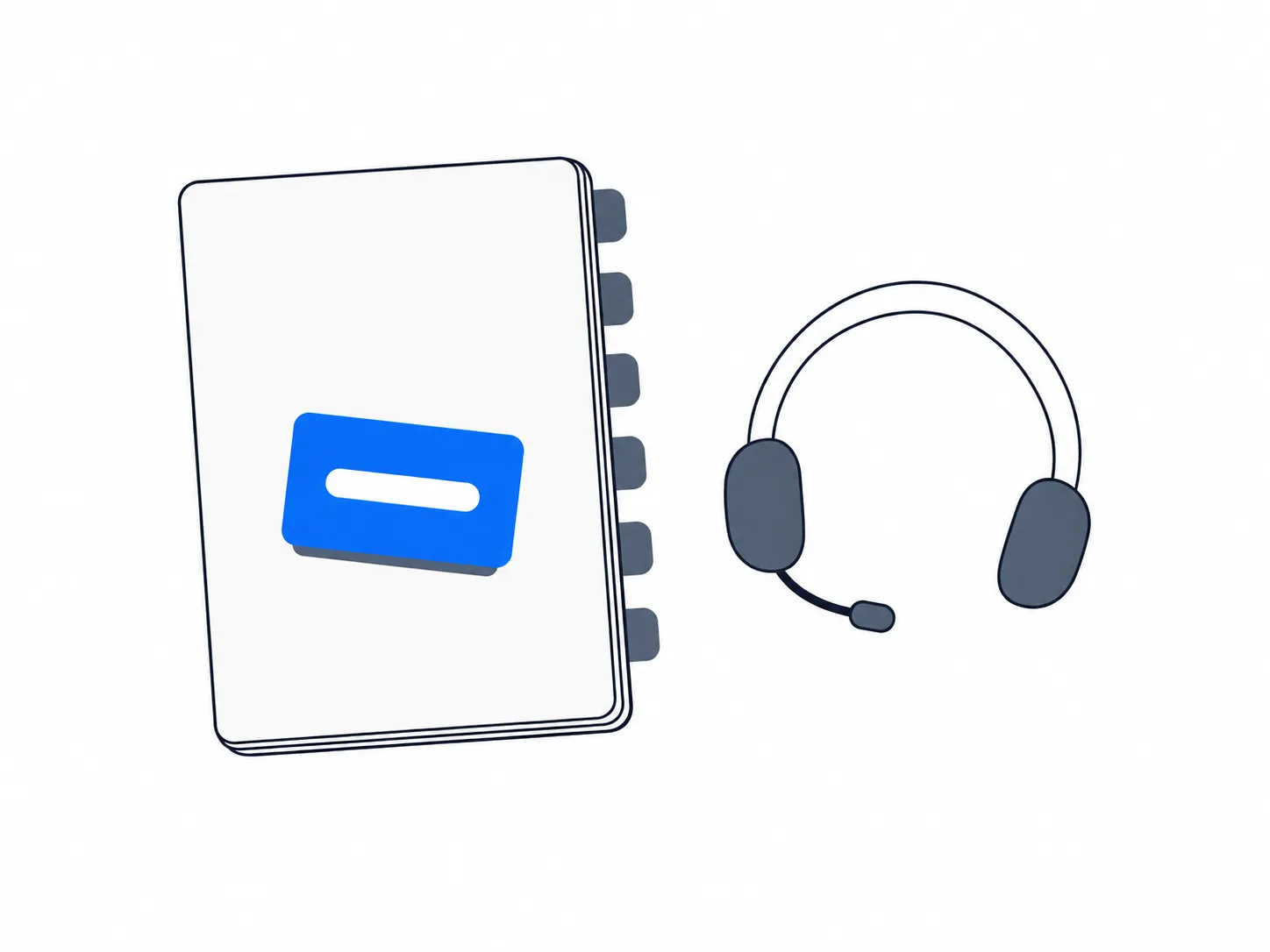 Flat illustration of a closed script with blank index tabs, a small blue card on its cover and a headset beside it.