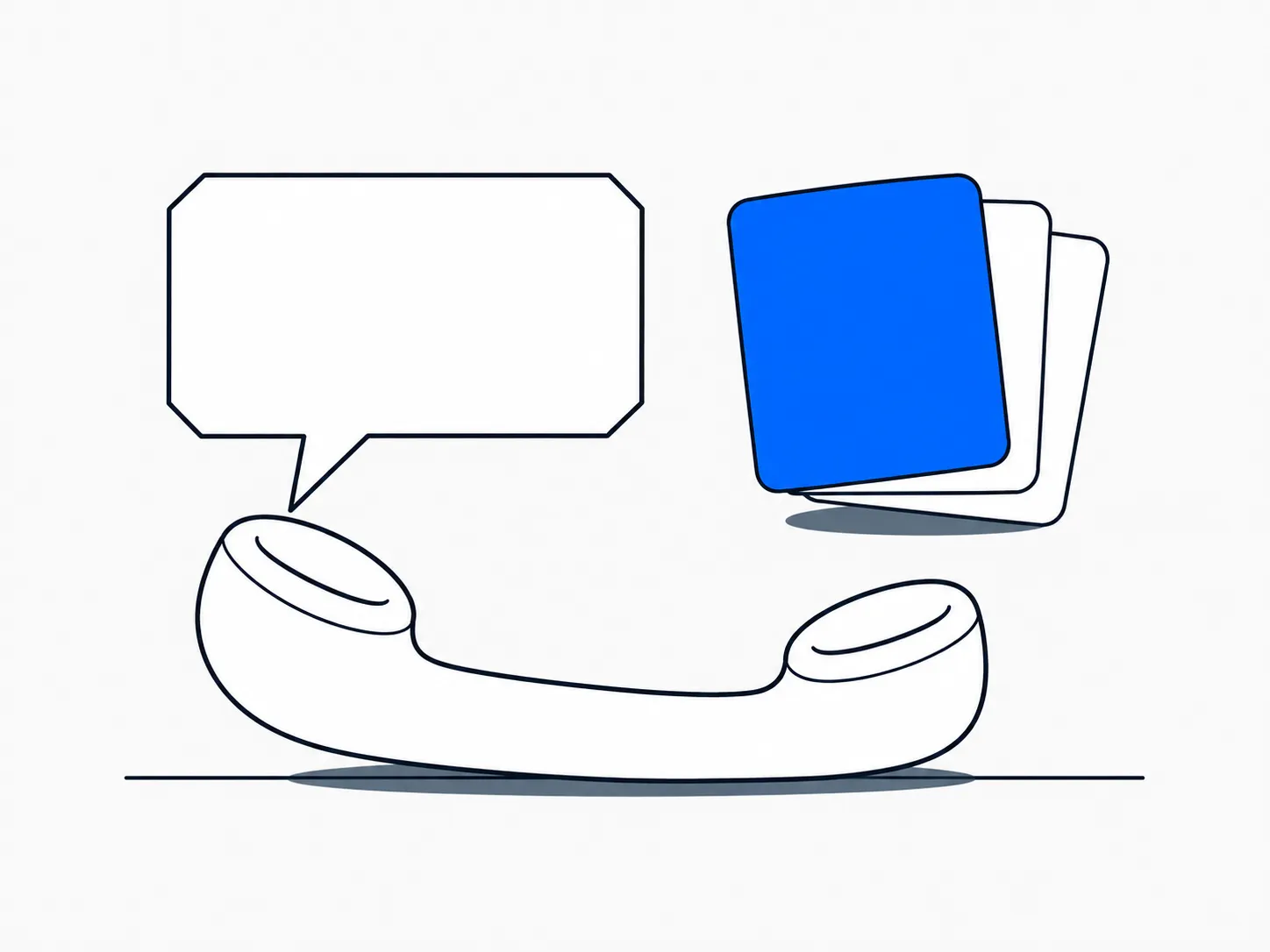 Flache Illustration eines Telefonhörers mit einer leeren, kantigen Sprechblase darüber und einem Kartenstapel mit einer blauen vordersten Karte.