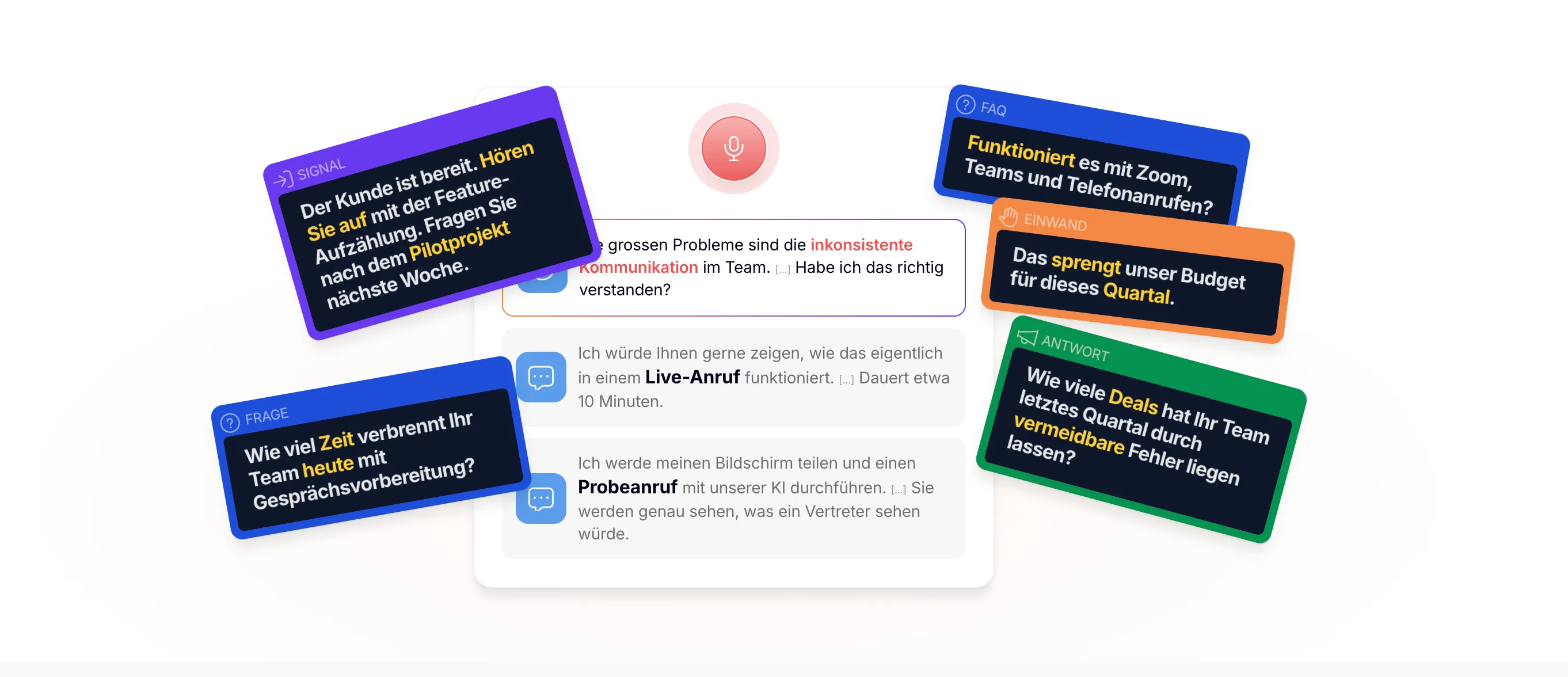 Illustration der Startseite mit den Karten von CallPrompter: Signal, Frage, FAQ und ein Einwand mit seiner Antwort