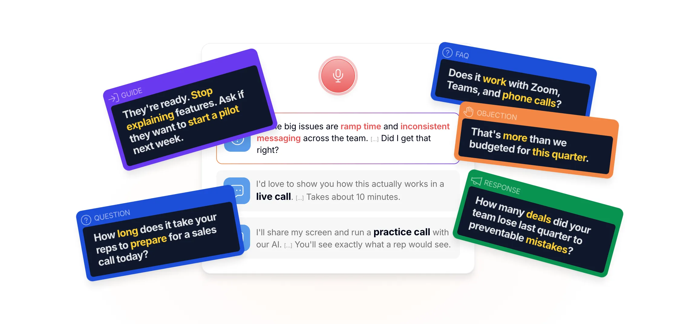 Homepage illustration of CallPrompter's cards: Guide, Question, FAQ, and an Objection paired with its Response