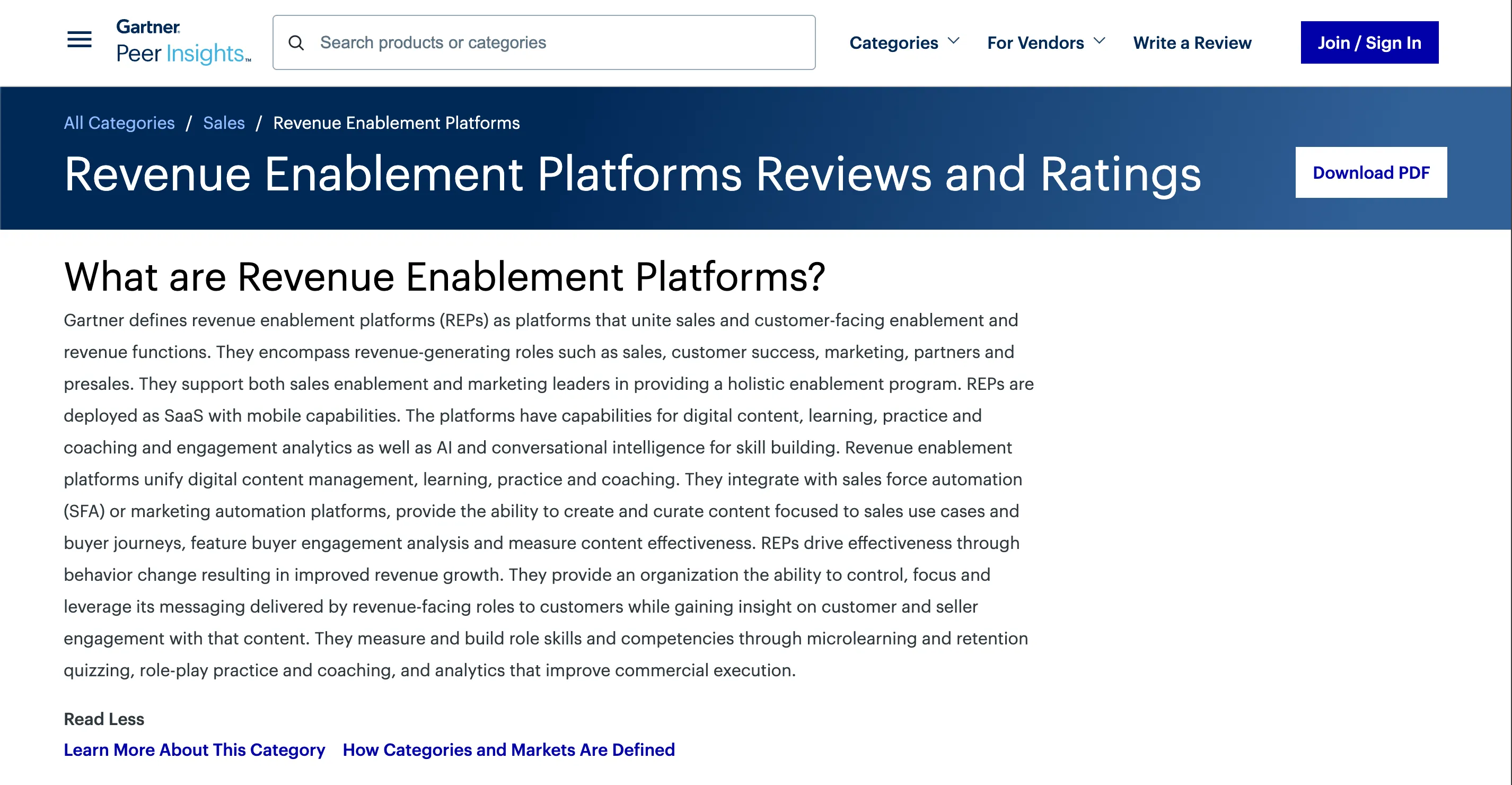 Gartner's market page files conversation intelligence as one capability inside revenue enablement platforms