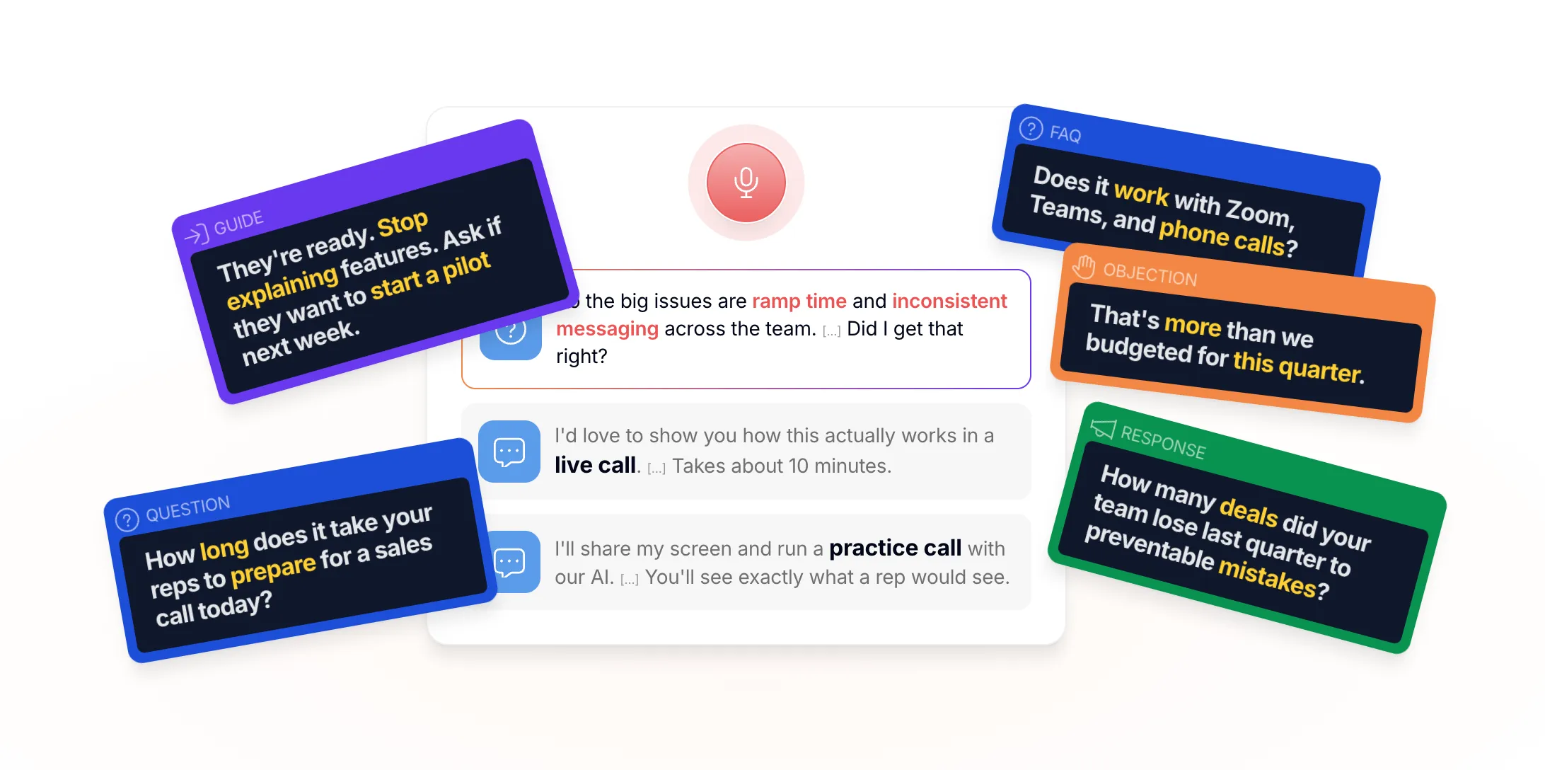 Tilted cue cards labelled Guide, Question, FAQ, Objection and Response around a call transcript on the CallPrompter homepage