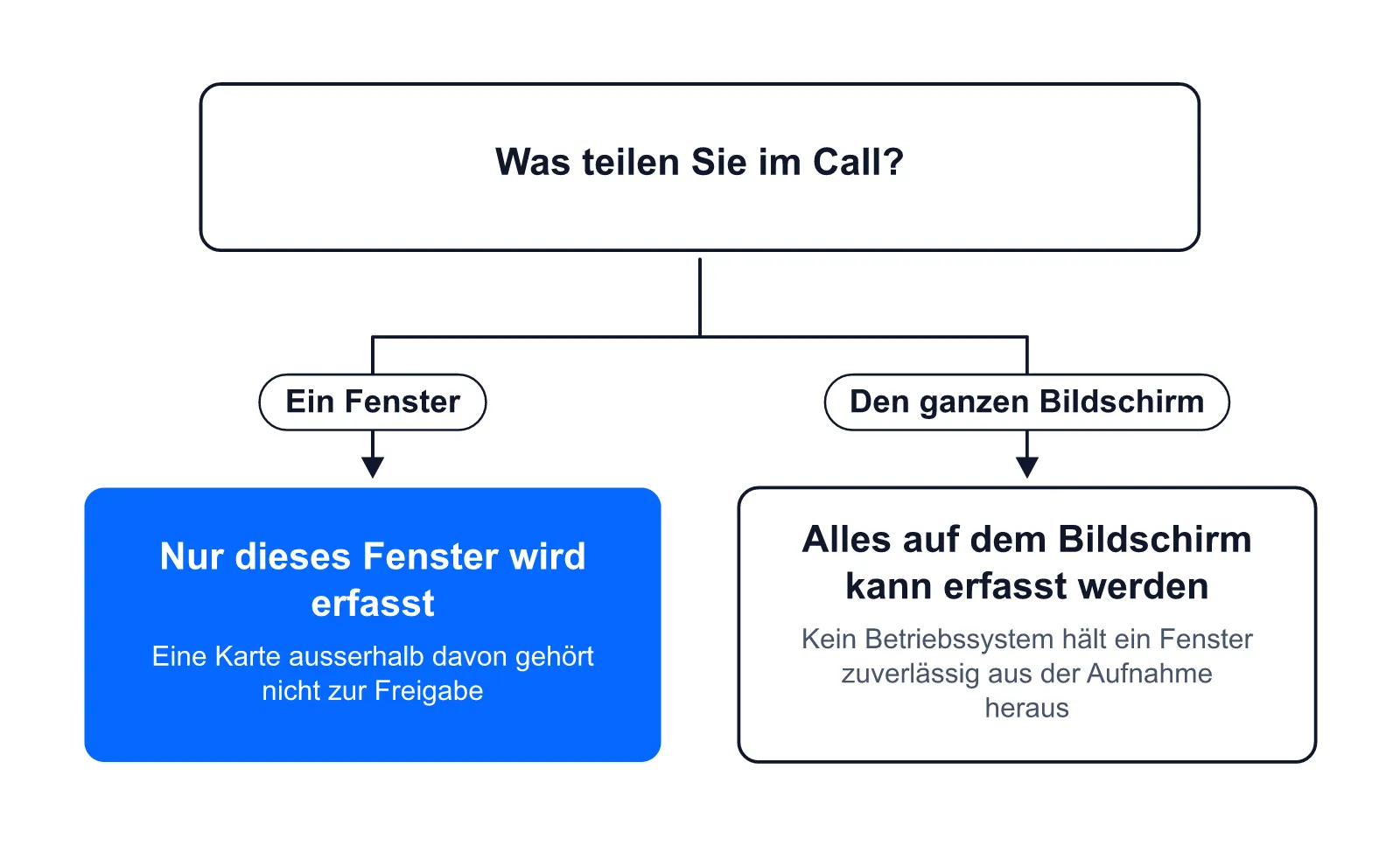 Ein Fenster teilen: nur dieses Fenster wird erfasst. Den ganzen Bildschirm teilen: kein Betriebssystem hält die Hinweiskarte zuverlässig heraus