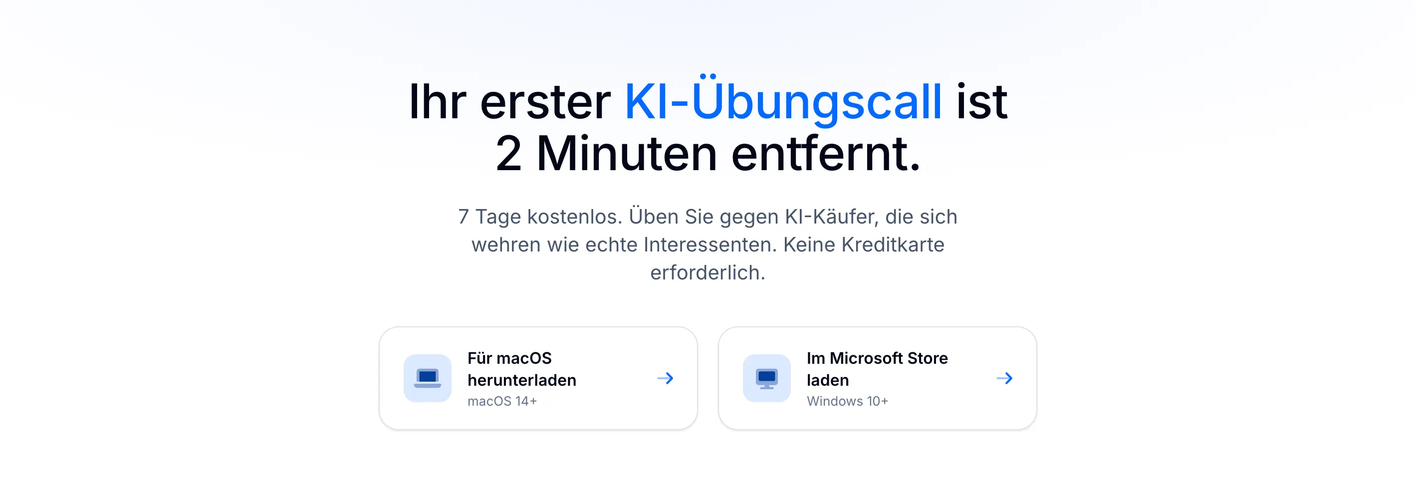 Seite für die ersten Schritte: «Für macOS herunterladen» mit macOS 14+ und «Im Microsoft Store laden» mit Windows 10+
