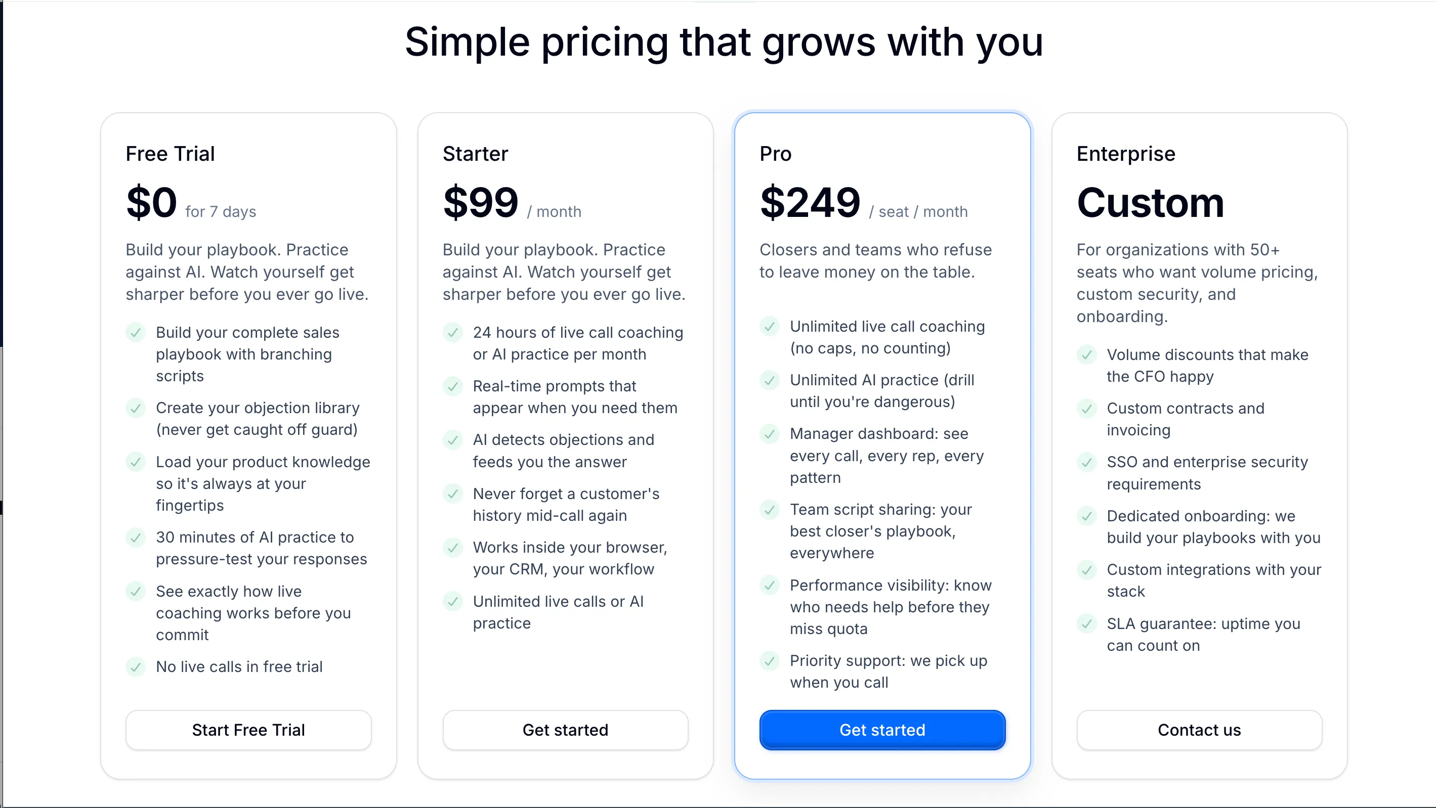 Published pricing on callprompter.app: Starter 99 dollars per month, Pro 249 dollars per seat per month.