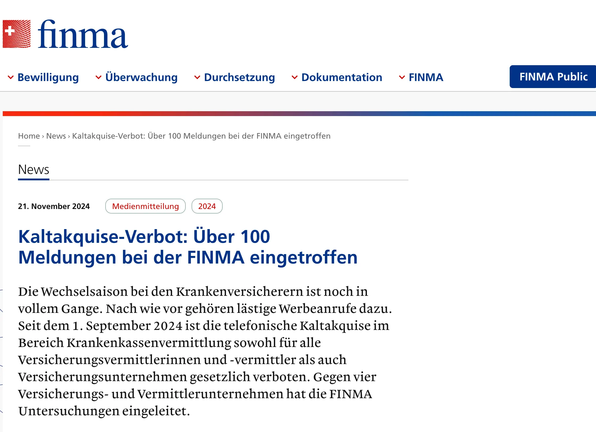 Medienmitteilung der FINMA: über 100 Meldungen zu Verstössen gegen das Kaltakquise-Verbot und Untersuchungen gegen vier Unternehmen seit dem 1. September 2024.
