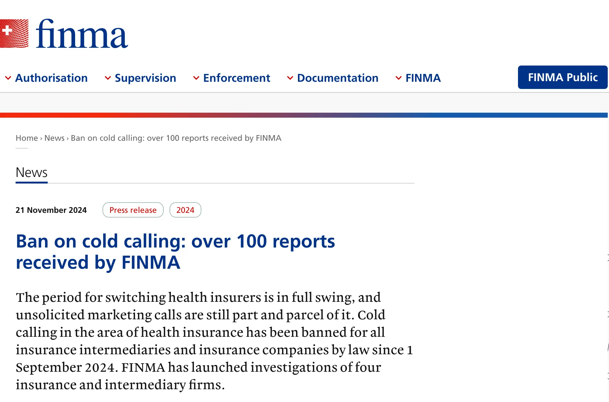 FINMA press release: over 100 reports of cold-calling breaches and investigations of four firms since 1 September 2024