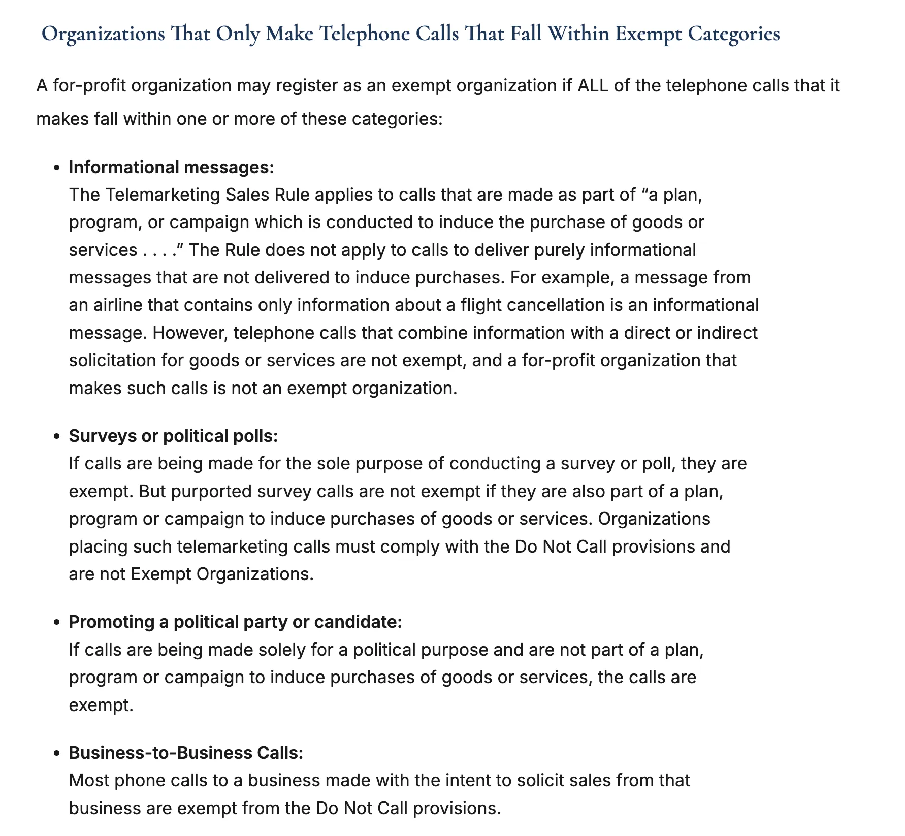 FTC Q&A: most calls to a business to solicit sales from that business are exempt from the Do Not Call provisions.