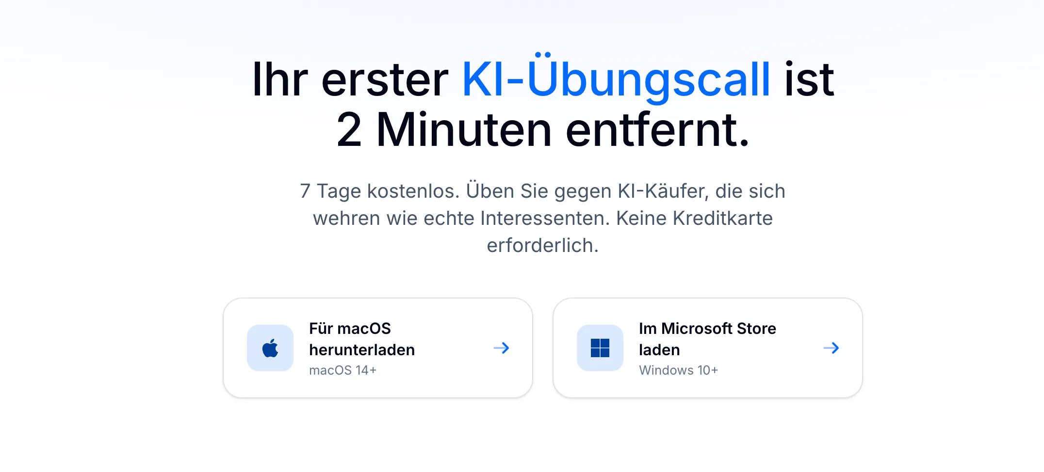 Seite für die ersten Schritte: «Für macOS herunterladen» mit macOS 14+ und «Im Microsoft Store laden» mit Windows 10+