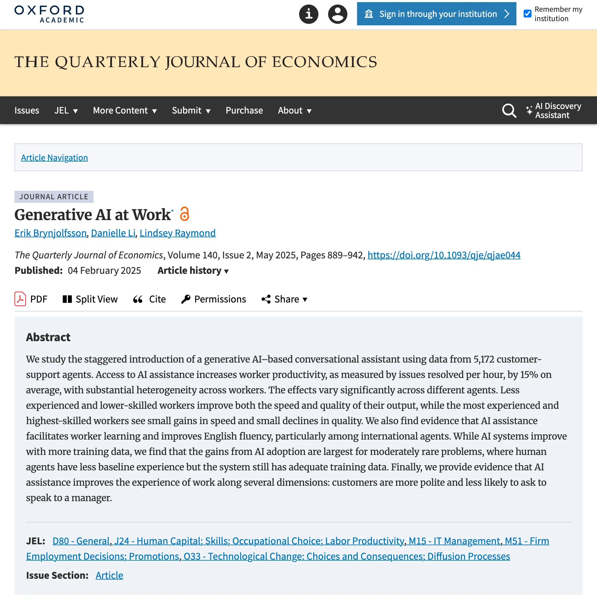 QJE abstract: AI assistance raised issues resolved per hour by 15% on average across 5,172 support agents