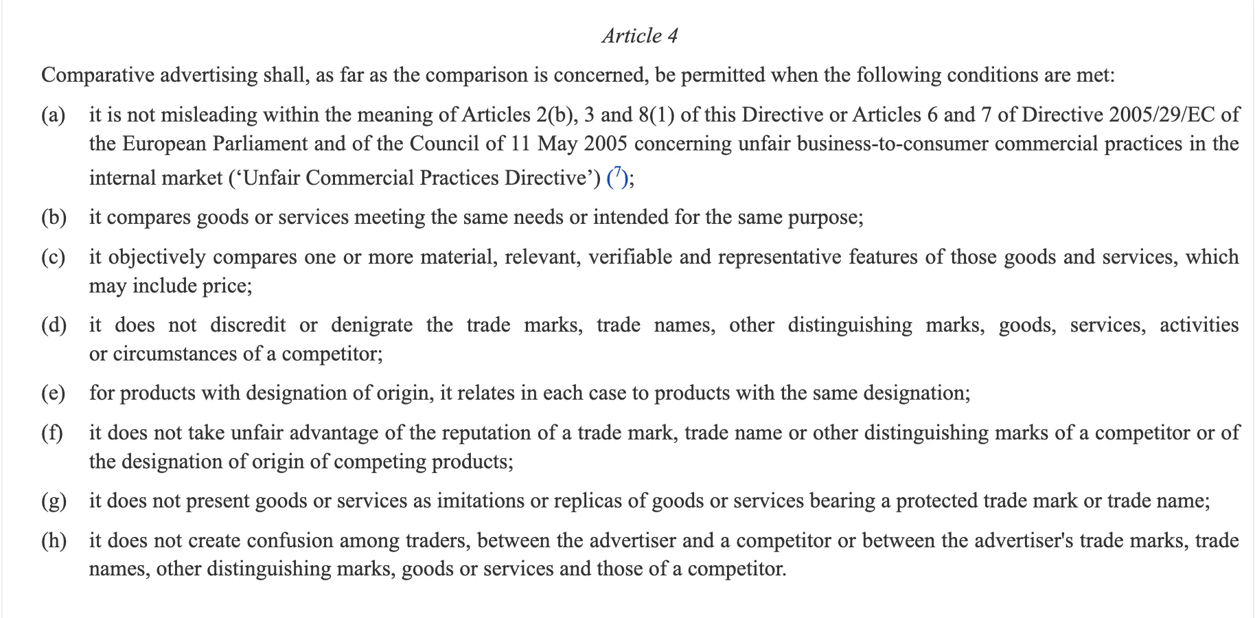 EU directive text: comparative advertising is permitted when the listed conditions are met