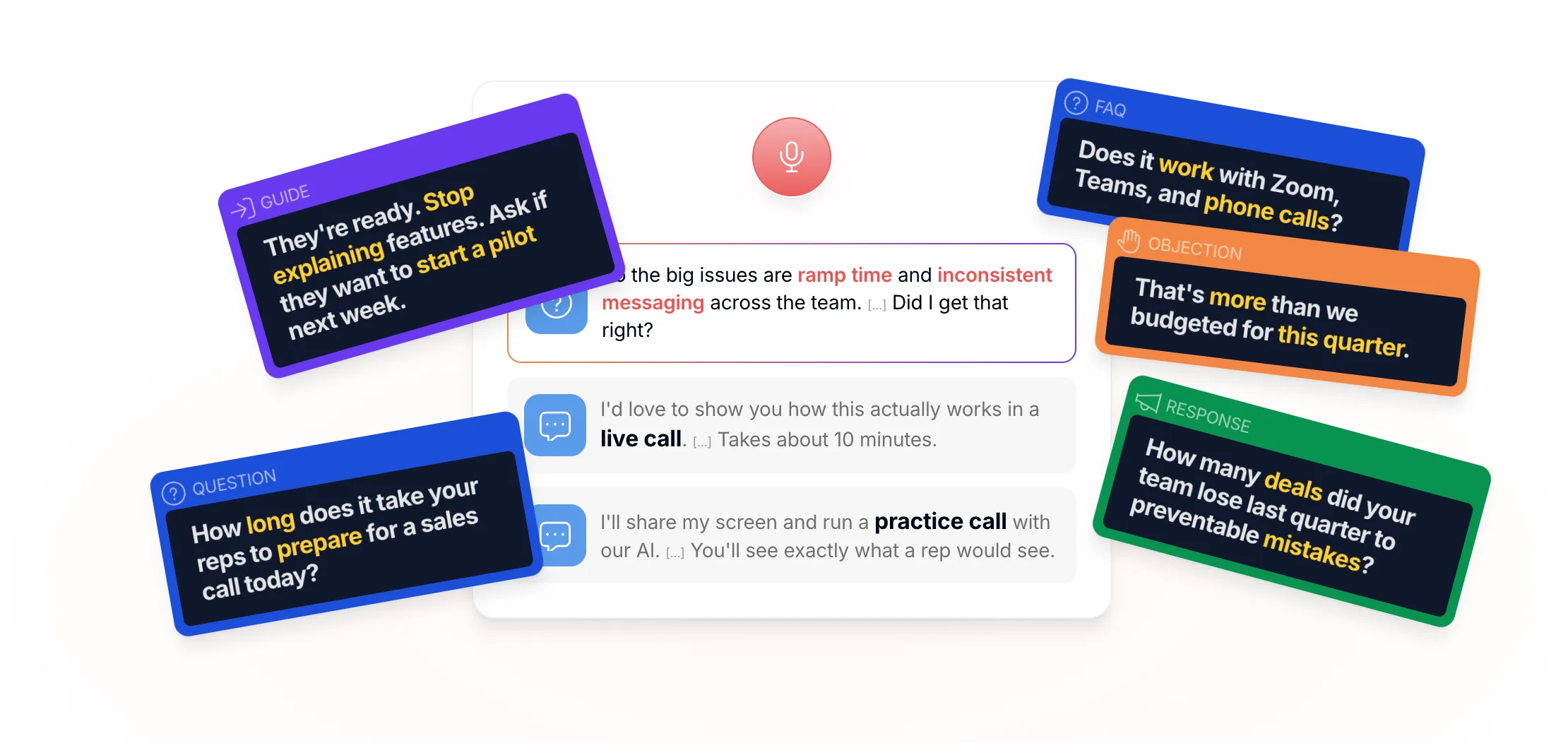 CallPrompter homepage cards: Objection 'That's more than we budgeted for this quarter.' with a Response card below