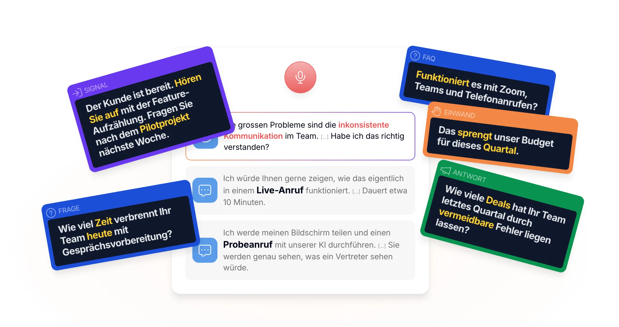 Karten auf der Startseite von CallPrompter: Einwand «Das sprengt unser Budget für dieses Quartal.» mit einer Antwort-Karte darunter