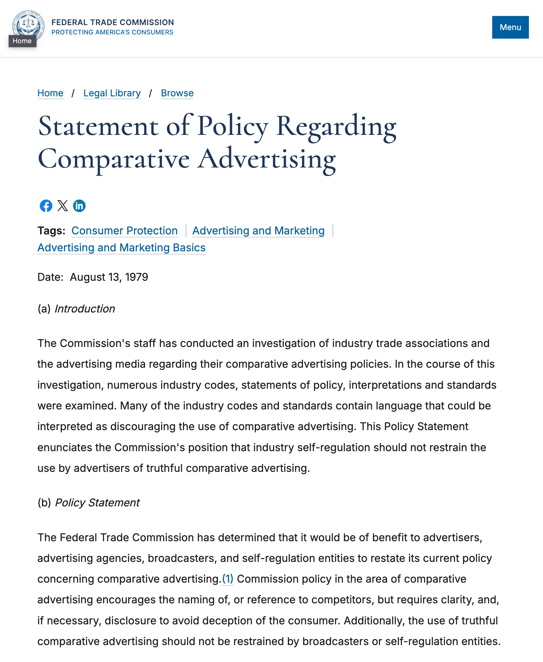 FTC policy statement: comparative advertising policy encourages the naming of, or reference to competitors