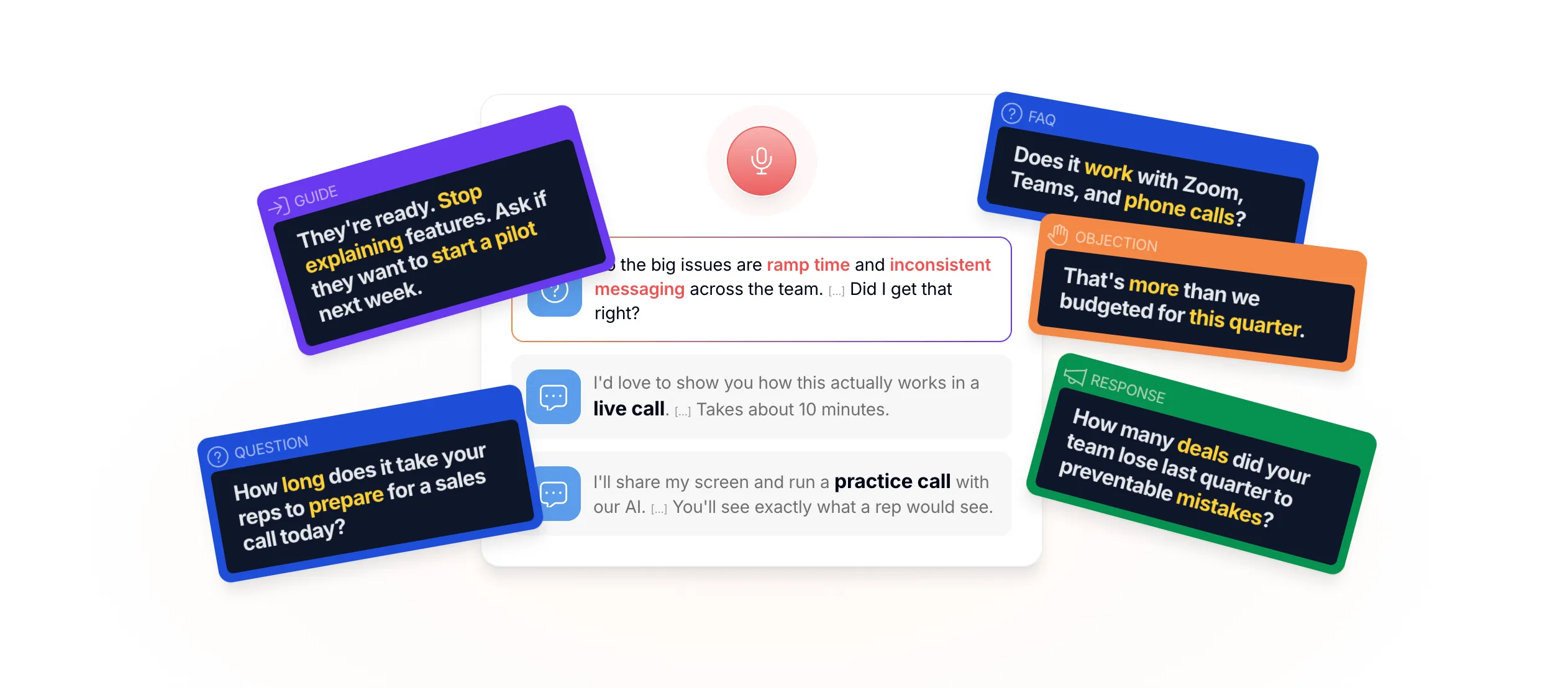 CallPrompter homepage illustration: Question, Objection and Response, Guide and FAQ cards around a call transcript