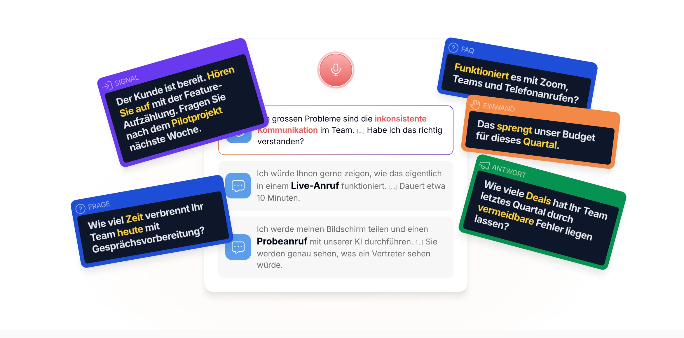 Illustration der Startseite von CallPrompter: die Karten Frage, Einwand und Antwort, Signal und FAQ um ein Gesprächstranskript