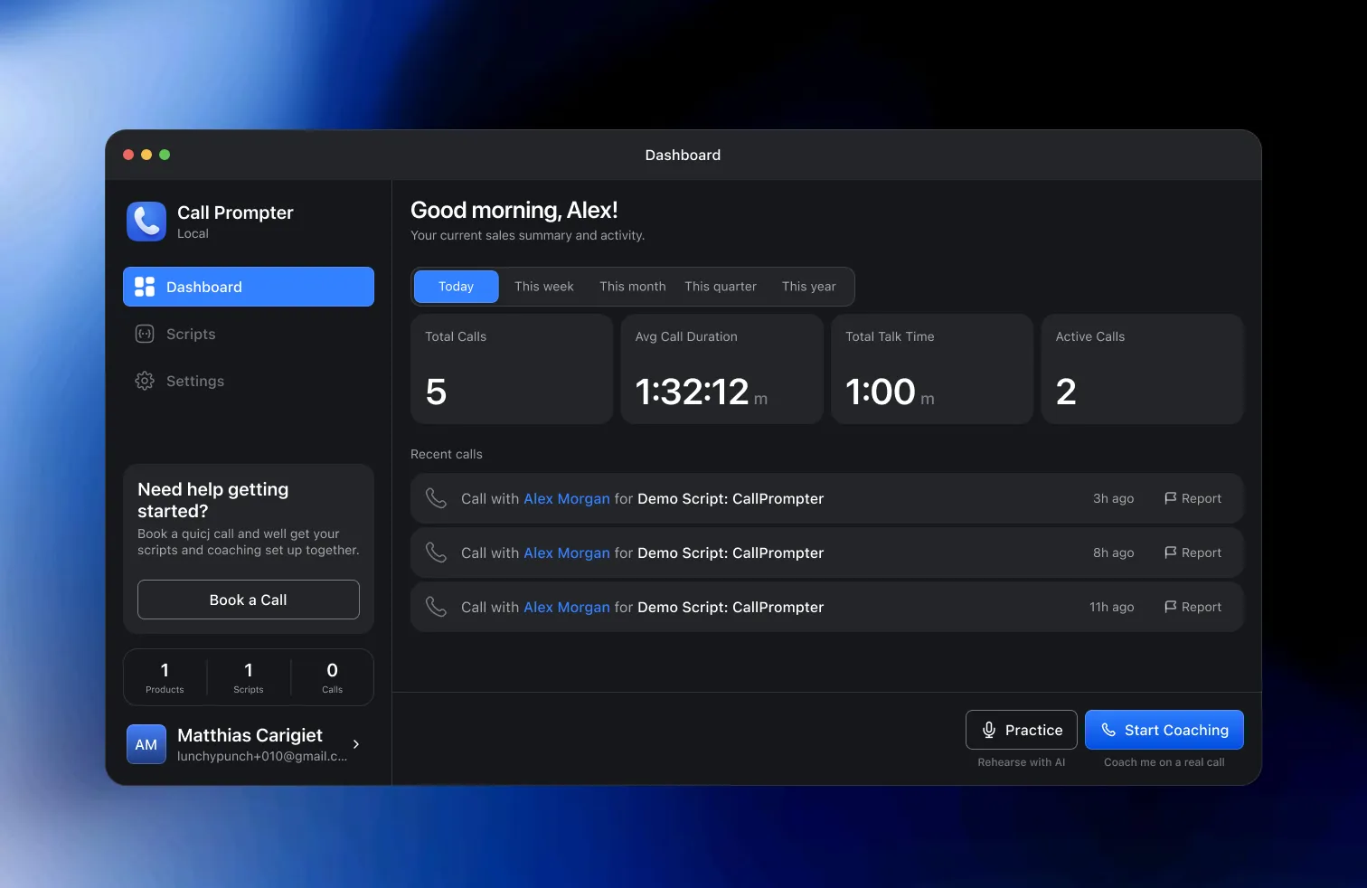 Das CallPrompter-Dashboard im dunklen Modus: Anzahl Calls, durchschnittliche Dauer, Gesamtsprechzeit und aktive Calls oben, darunter die letzten Calls.